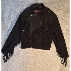 Byrnes & Baker VTG Black Suede Fringe Western Jacket Snakeskin Embossed Leather